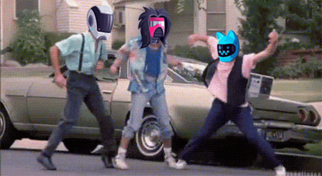 a group of people are dancing on the street in front of a car