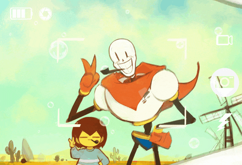 a cartoon drawing of papyrus giving a peace sign next to a girl