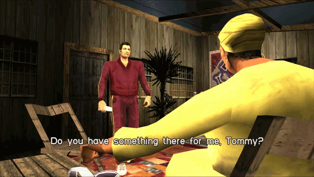 a man in a red jacket is talking to a man in a yellow shirt