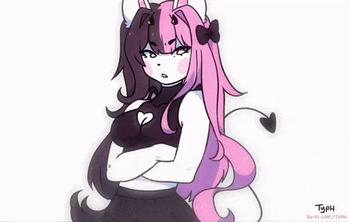 a drawing of a girl with pink and black hair and the words you 're weird