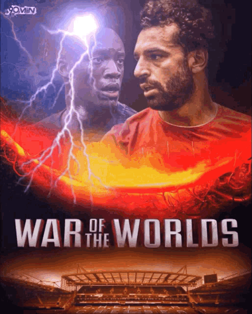 a poster for war of the worlds shows two soccer players and lightning