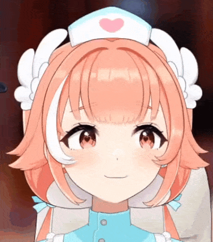 a close up of a cute anime girl wearing a nurse 's hat with a heart on it .