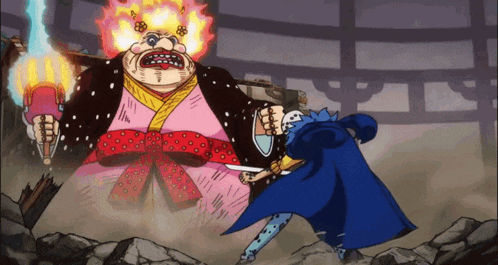 a man in a blue cape is holding a knife in front of a cartoon character with flames on his head