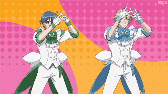 a couple of anime characters are dancing with their hands in the air