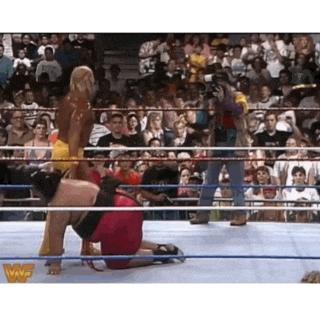 a woman in a red dress is kneeling down in a wrestling ring