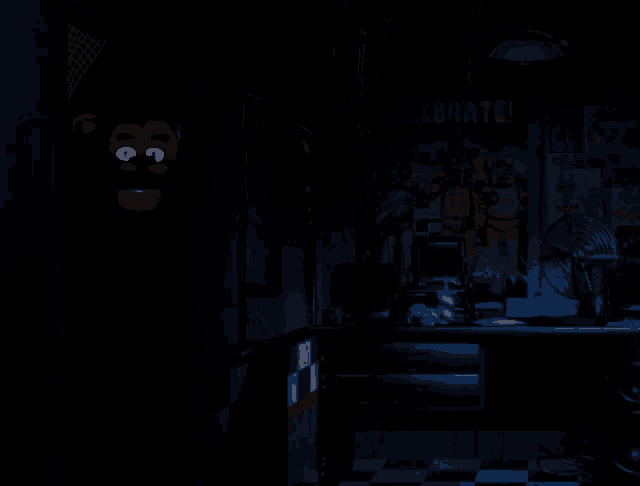 a dark room with a sign on the wall that says " what ? "
