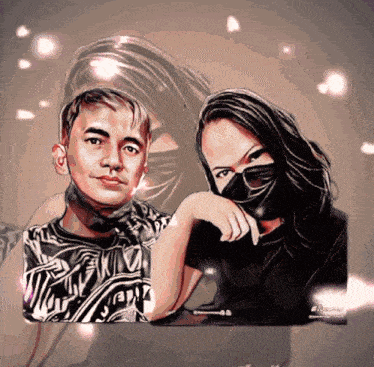 a drawing of a man and a woman with a mask on their face
