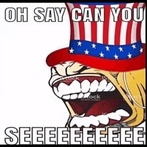 a cartoon of a man wearing a patriotic hat with the words `` oh say can you seeeeeee '' .