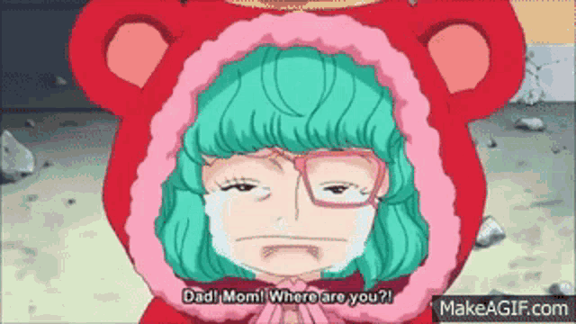 a girl in a teddy bear hood is crying and asking where her dad is
