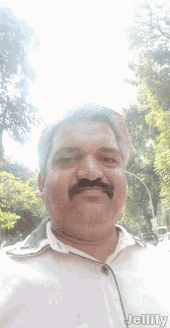 a man with a mustache is wearing a white shirt and jellyify is written below him