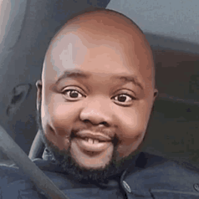 a bald man with a beard is smiling in a car .