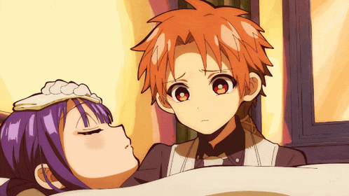 a girl with purple hair is laying on a bed next to a boy with orange hair
