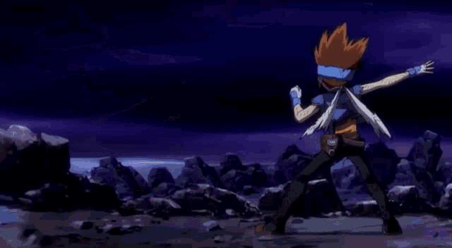a cartoon character is standing in the middle of a rocky area with a fireball coming out of his hand .
