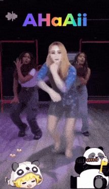 a group of women are dancing in front of a sign that says " ahaaii "