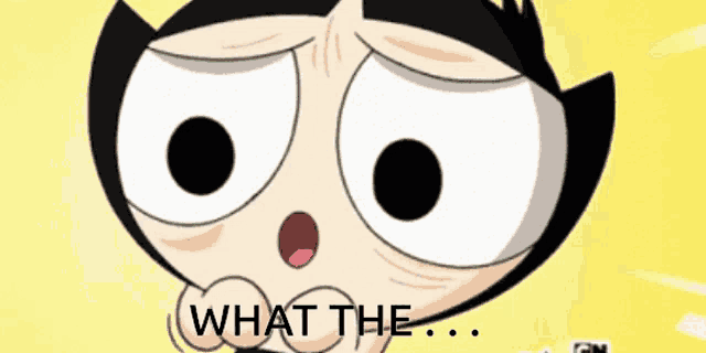 a close up of a cartoon character with the words what the on the bottom