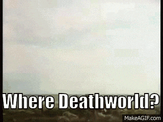 a silhouette of a person standing next to a tree with the words `` where deathworld ? ''