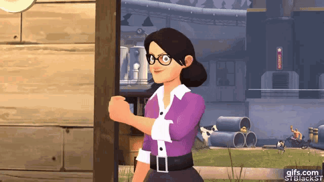 a cartoon character with glasses and a purple shirt is standing in front of a building