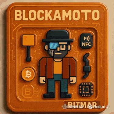 an illustration of a man wearing sunglasses and a hat with the words blockamoto written above him