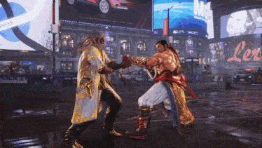 two men are fighting in front of a large billboard that says l' express