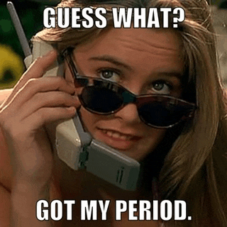 a woman wearing sunglasses is talking on a cell phone and guess what ? got my period .