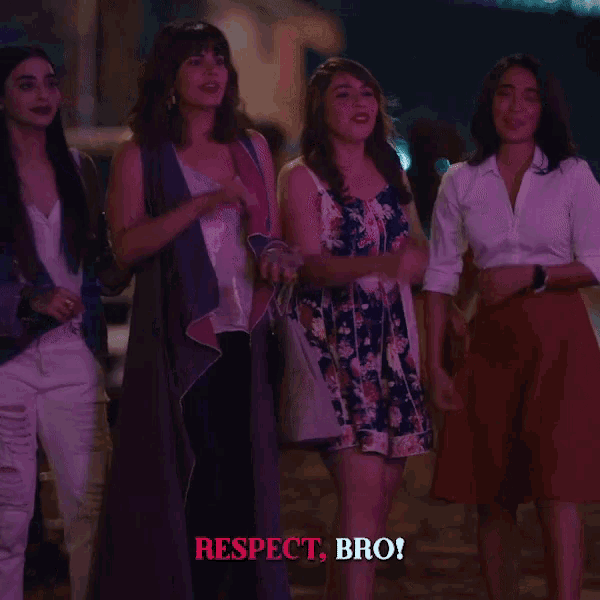 a group of women standing next to each other with respect bro written in pink