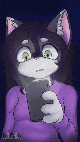 a drawing of a cat holding a cell phone with the name hidia on the bottom right