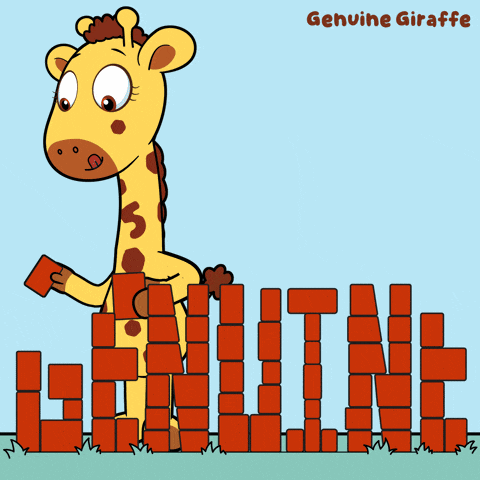 a cartoon of a giraffe holding bricks that spell out the word genuine