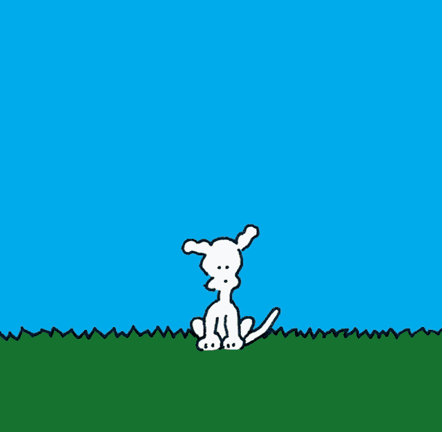 a cartoon of a dog sitting in the grass looking at the sun