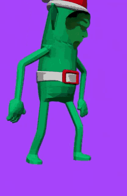 a green elf with a santa hat on his head is standing on a purple background