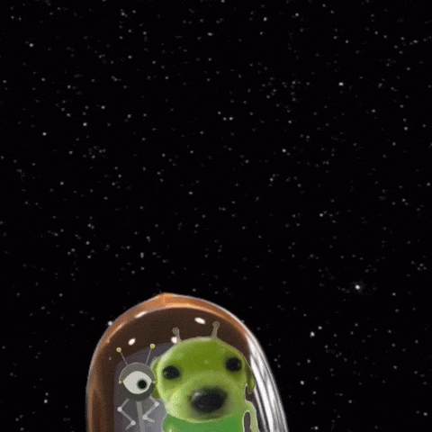 a green alien is flying in a space ship with the word send written on the bottom