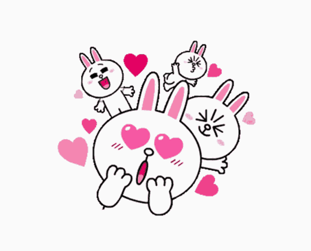 a cartoon of three bunny rabbits with hearts in their eyes