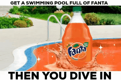 a bottle of fanta is splashing in a pool