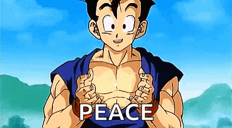 a cartoon character from dragon ball z is holding his chest in front of a blue sky .