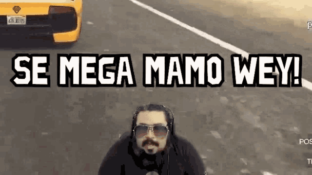 a man wearing sunglasses and headphones is standing in front of a yellow car that says se mega mamo wey