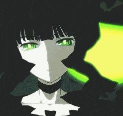 a close up of a girl with green eyes and black hair