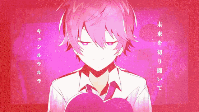 a boy with pink hair is holding a heart in front of a pink background