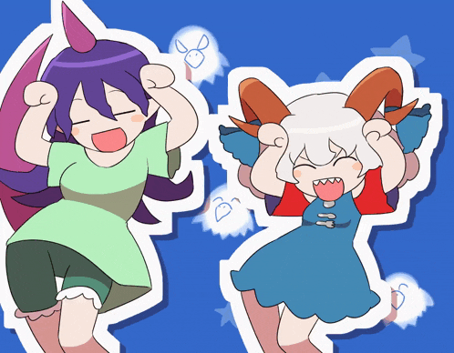a cartoon drawing of a girl with purple hair and a white girl with horns