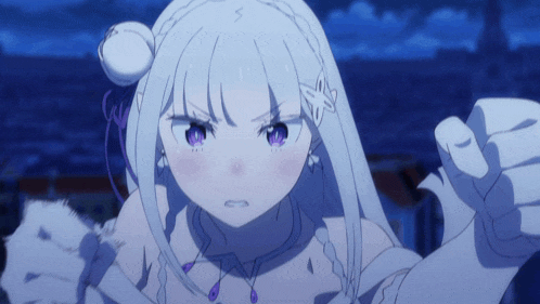 a girl with white hair and purple eyes is making a fist
