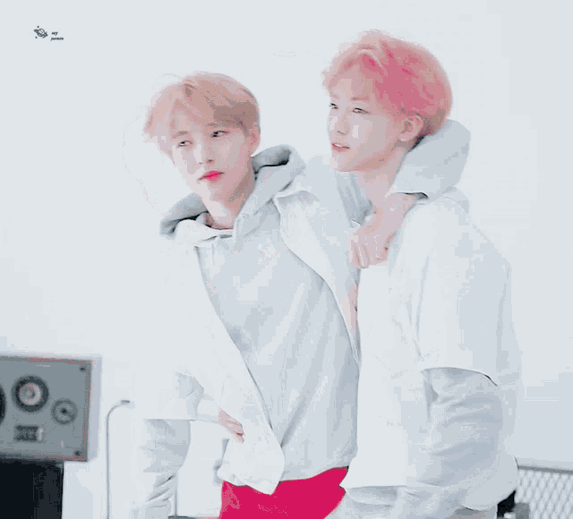 a boy with pink hair is standing next to another boy