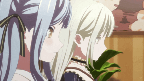 two anime girls are standing next to each other and one has a choker around her neck