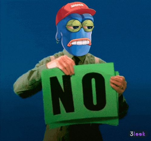 a cartoon character is holding up a sign that says no