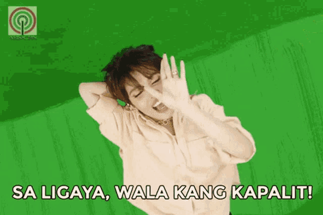 a woman is smiling with the words sa ligaya wala kang kapalit written below her
