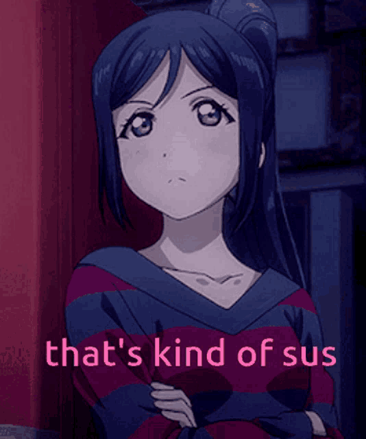 a girl in a striped shirt with the words that 's kind of sus below her
