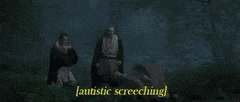 a couple of people standing in a dark forest with the words autistic screeching written on the bottom