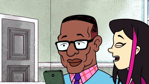 a cartoon of a man with glasses and a girl with pink hair
