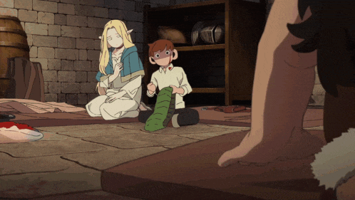 a cartoon drawing of a woman kneeling down next to a child