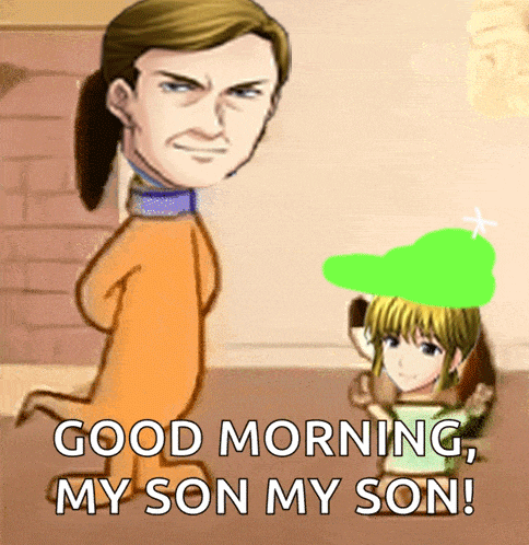 a cartoon of a man and a girl with the words good morning my son my son