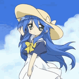 a girl with long blue hair wearing a hat