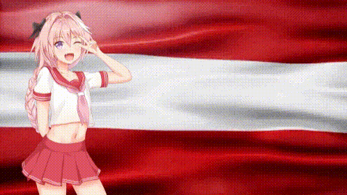 a girl in a sailor uniform is saluting in front of a flag .