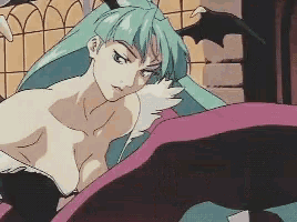 a naked anime girl with blue hair and bat wings